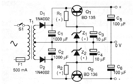 Figure 4 - The use of transistors allows to obtain greater currents of output regulated by the zener diodes.
