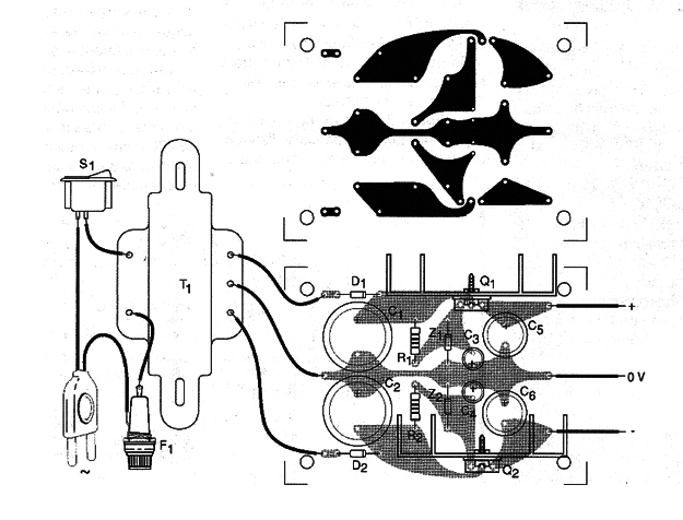 Figure 5 - A printed circuit board for the assembly of the power source. The standard can be incorporated into a greater project which already has the elements that the source must power. Short connections are important in the case of circuits subjected to noise.
