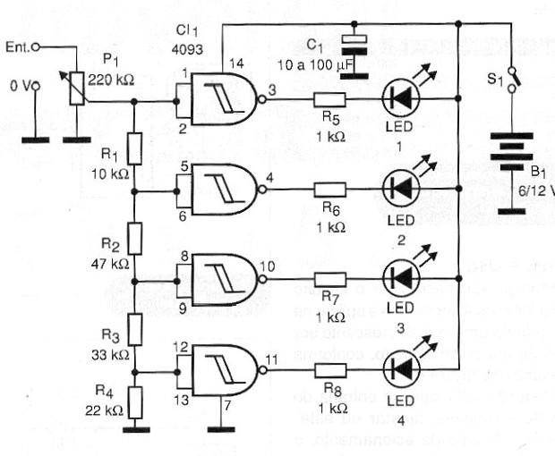Figure 2 - Bargraph complete diagram with 4 LEDs. More LEDs can be connected, adding integrated.
