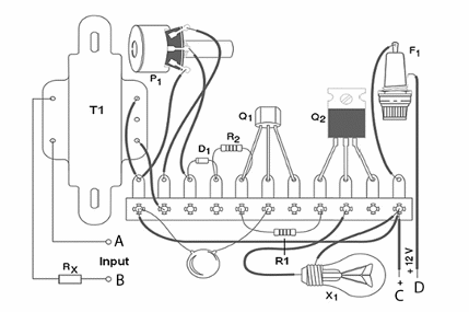Figure 2 – Component placement on a terminal strip. Q2 needs a small heatsink
Figure 2 – Component placement on a terminal strip. Q2 needs a small heatsink