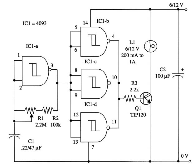 Figure 1 – Schematic diagram of the lamp flasher
Figure 1 – Schematic diagram of the lamp flasher