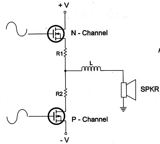 Figure 4 – Audio output stage using MOSFETs
Figure 4 – Audio output stage using MOSFETs