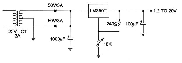 Figure 4 – Variable power supplyr using the LM350 IC.
Figure 4 – Variable power supplyr using the LM350 IC.