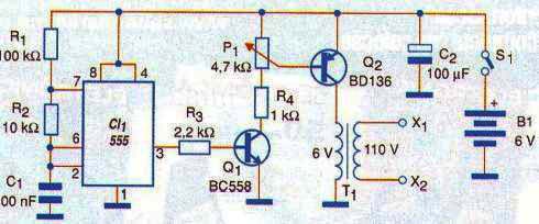 Figure 2 - Full diagram of the stimulator. C1 can be changed so that the circuit generates other frequencies.
Figure 2 - Full diagram of the stimulator. C1 can be changed so that the circuit generates other frequencies.
