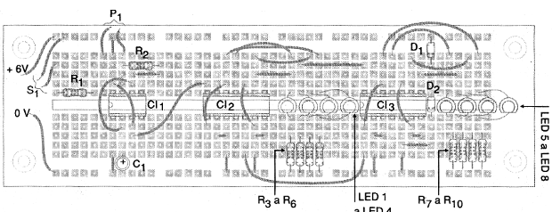 Figure 4 - Assembly of the counter on a protoboard.
Figure 4 - Assembly of the counter on a protoboard.