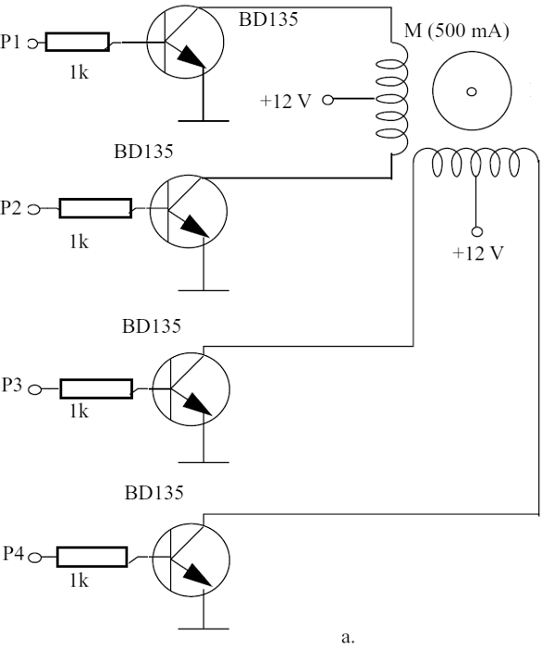 Using bipolar transistors - current up to 500 mA for each winding
Using bipolar transistors - current up to 500 mA for each winding