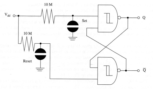 Figure 6 – Touch controlled flip-flop using two gates of a 4093
Figure 6 – Touch controlled flip-flop using two gates of a 4093