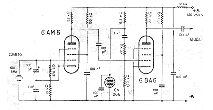 Figure 1 - Complete diagram of the 100 kHz valved oscillator.
Figure 1 - Complete diagram of the 100 kHz valved oscillator.