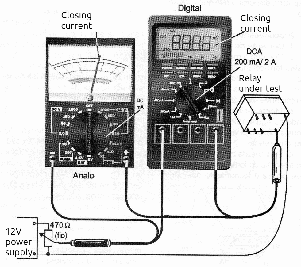 Figure 5 – Determining the tripping current of a relay with a fixed source and a wire potentiometer.
 Figure 5 – Determining the tripping current of a relay with a fixed source and a wire potentiometer.