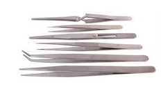 Figure 12 – Common tweezers  https://www.newark.com/duratool/js-181t/six-piece-stainless-steel-tweezer/dp/06X8644 
