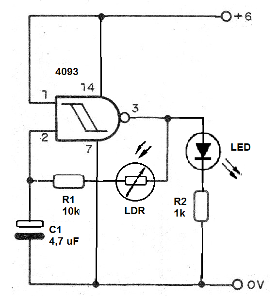 Figure 1 - LED blinker circuit using the 4093 Figure 1 - LED blinker circuit using the 4093